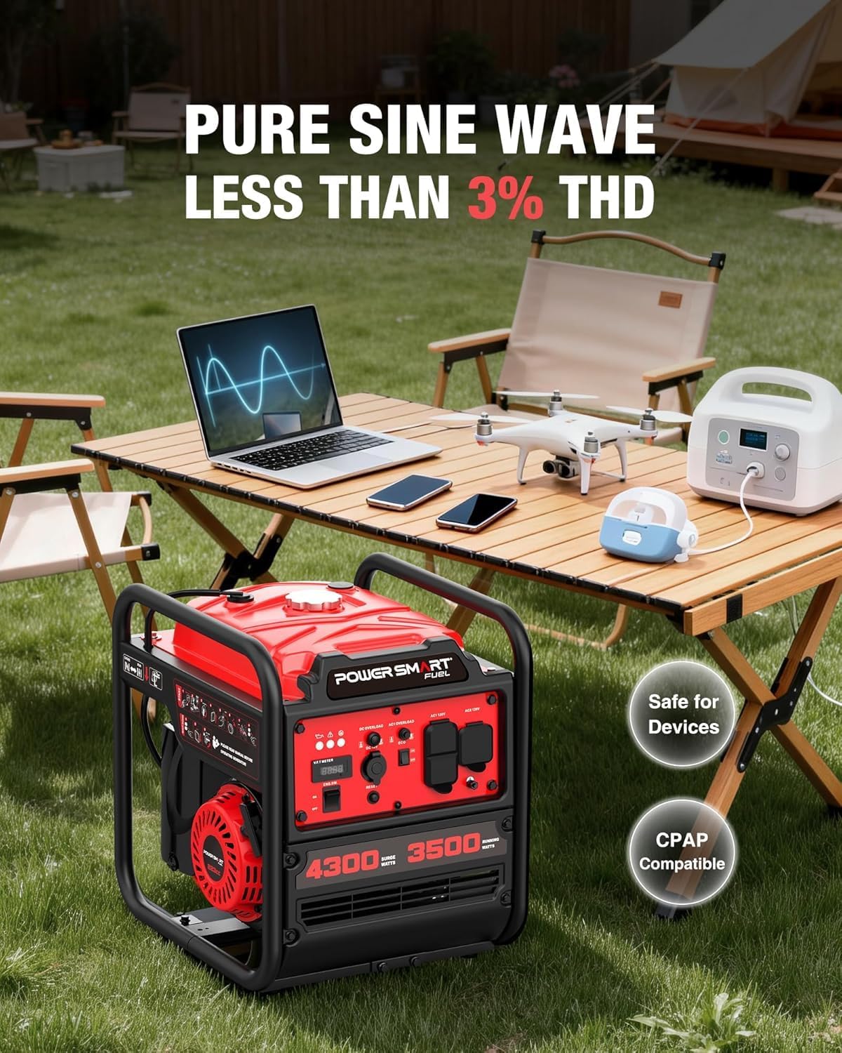 PowerSmart 4300-Watt Portable Generator with Inverter Technology, 3500W Rated, 223cc 4-Stroke Gas Powered Engine, 30 Amp for Home Backup, Camping, Emergency