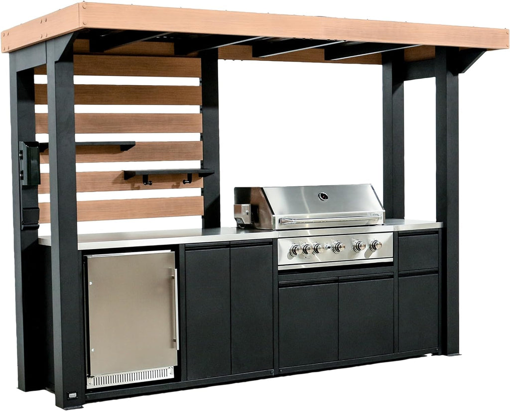 Backyard Discovery Fusion Flame Galvanized Steel Covered Outdoor Kitchen with 5-Burner Stainless, Grill, Refrigerator, Countertop, Storage, and, Roof for All-Season Outdoor Cooking, electric