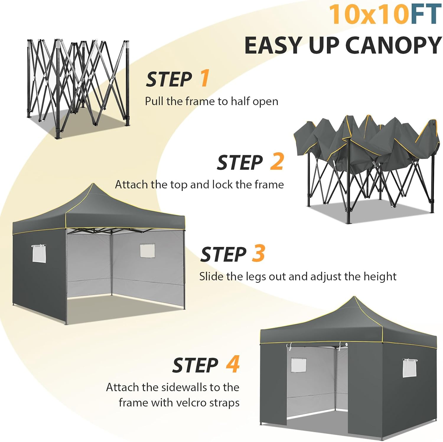 COBIZI 10x10 Pop Up Heavy Duty Canopy Tent with 4 Sidewalls, Easy Setup Outdoor Commercial Instant Tent for Parties Events Canopy with Portable Bag, Waterproof & UPF50+ (Gray)