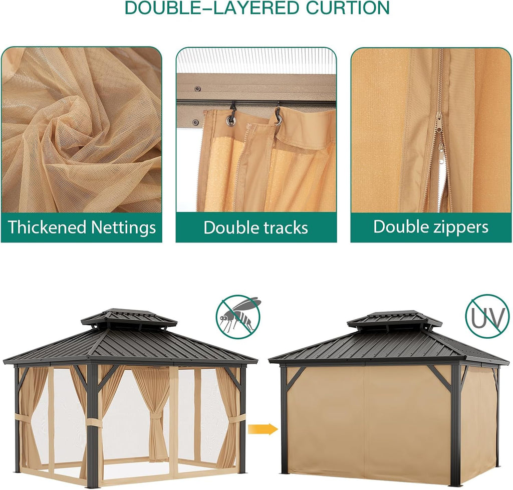 10X12 FT Outdoor Galvanised Steel Hardtop Gazebo, Heavy Duty Double Roof Outdoor Gazebo with Netting and Sunshade Curtains, Aluminium Framed Gazebo for Patio, Terrace, Lawn and Deck, Khaki