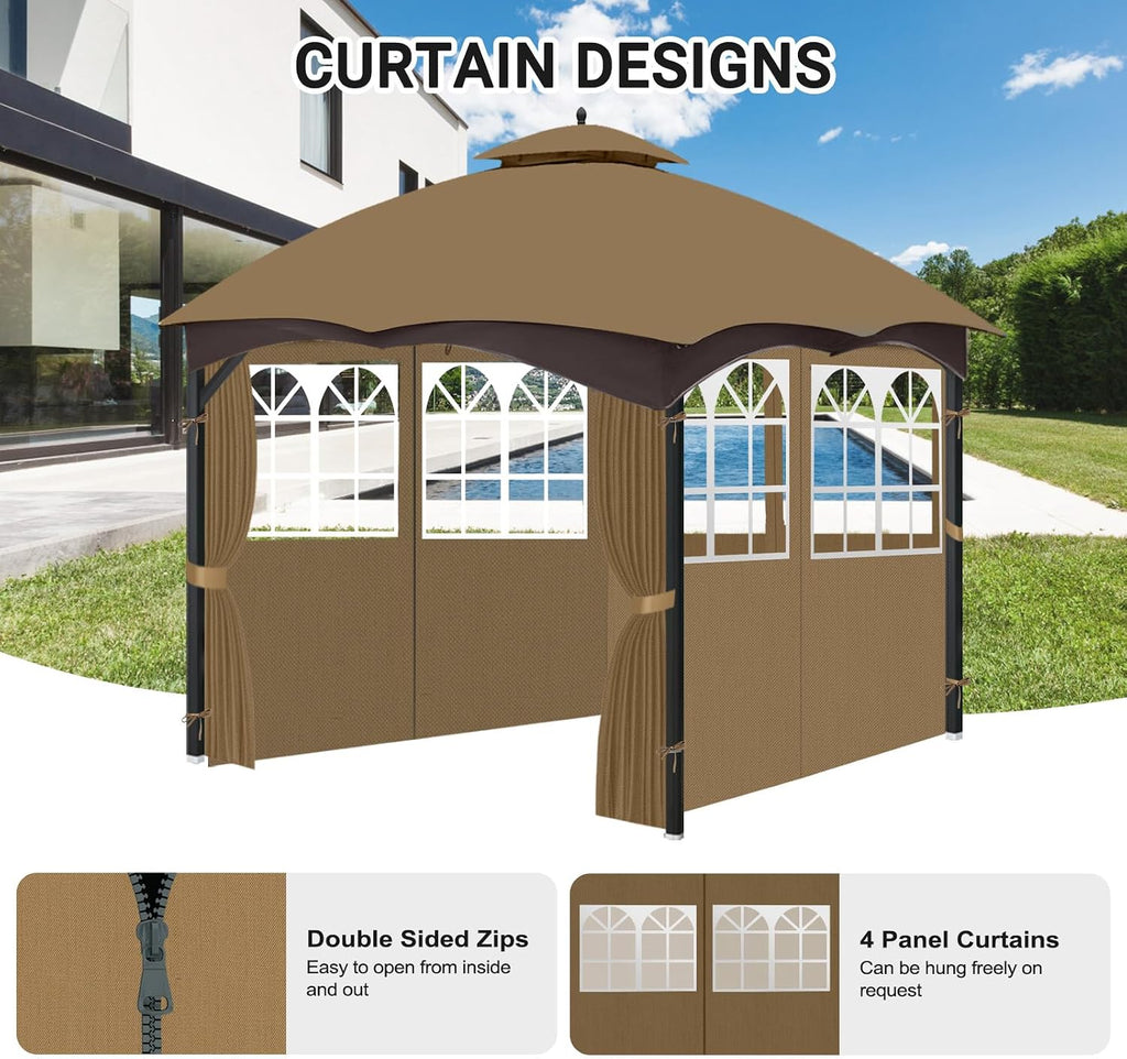 10'x12' Gazebo Curtains Outdoor Waterproof with PVC Windows, 4-Panel Sidewalls Universal Replacement Privacy Curtain, Outdoor Curtains for Patio, Backyard (Khaki)