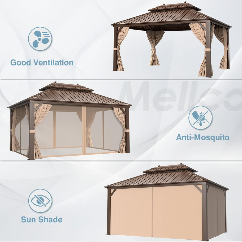 MELLCOM 10'x13' Hardtop Gazebo Double Roof Galvanized Steel Canopy with Aluminum Frame, Permanent Metal Pavilion with Netting and Curtains for Patio, Gardens and Lawns