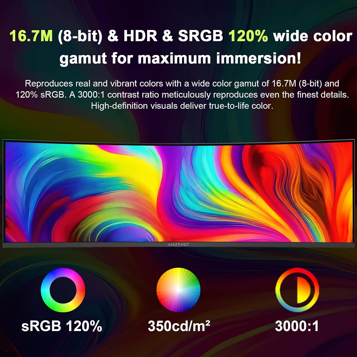 Amzfast 49 Inch Curved Monitor 120Hz DQHD (5120x1440) Ultrawide Gaming Monitor, 120% sRGB, 1500R, 1ms MPRT, HDR, Adaptive Sync, PIP/PBP, Height Adjustable, HDMI 2.0/DP 1.4, VESA 75x75, AMZG49C7U