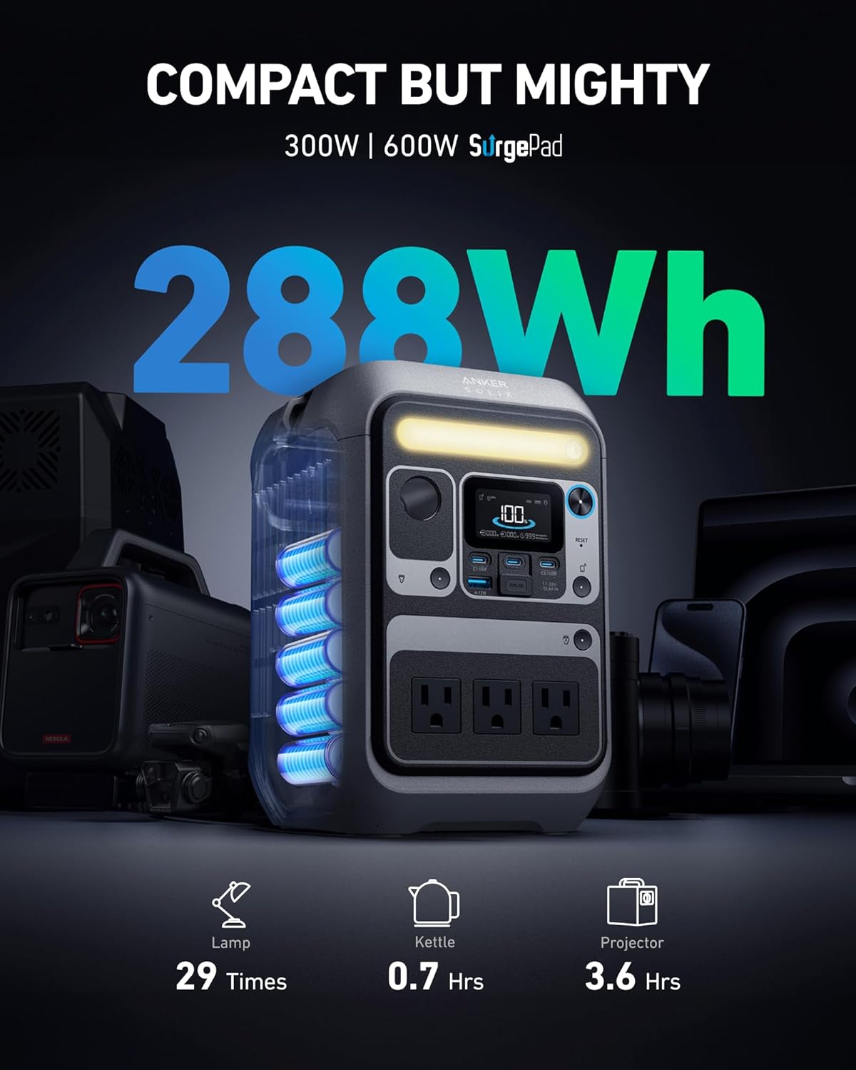 Anker Solar Generator SOLIX C300 with 60W Solar Panel, 288Wh Portable Power Station, 300W (600W Surge), LiFePO4 Battery, 140W Two-Way Fast Charging, for Outdoor Camping, Traveling, and Emergencies