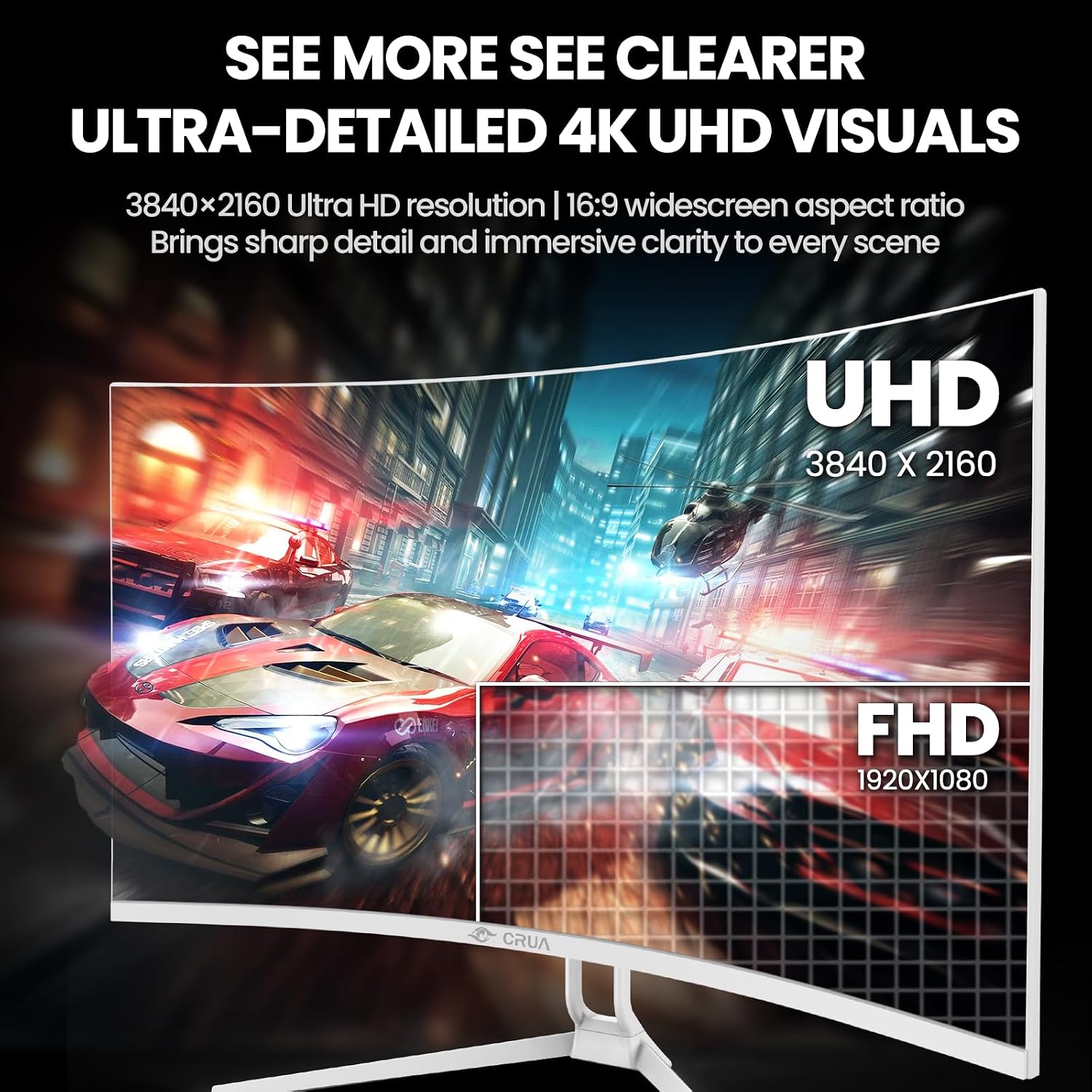 CRUA 32' Curved Gaming Monitor, 4K UHD 3840x2160, 240Hz VA Display, 1500R, AMD FreeSync, 120% sRGB, Built-in Speakers, HDMI 2.1 & DP 1.4, Wall Mountable White PC Monitor for Gaming, Streaming & Work