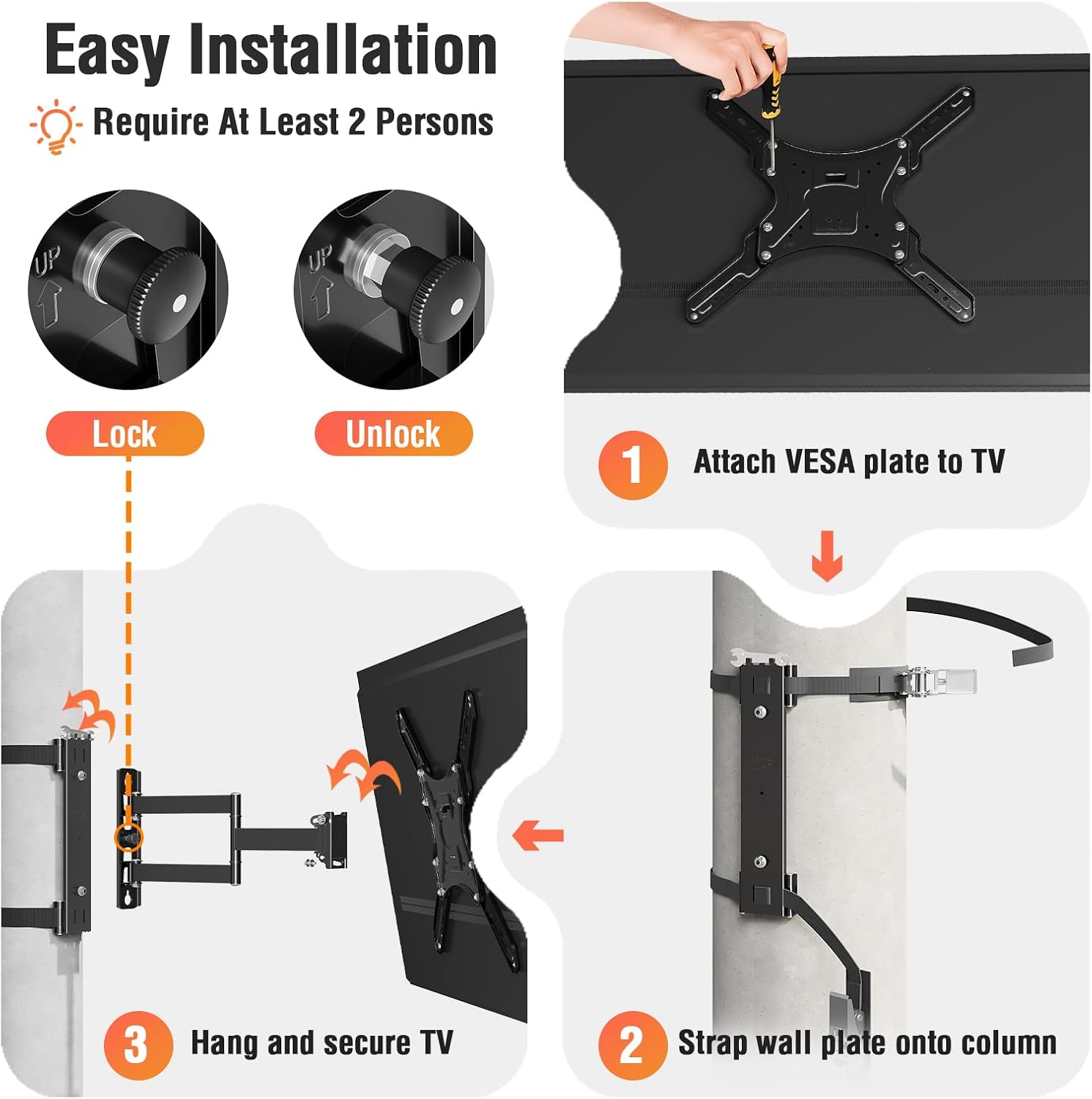 ELIVED Outdoor Pillar TV Mount for Most 26'-60' TVs, Column TV Mount Weatherproof for Gazebo Patio Pergola, No Drill tv Bracket Swivel and Tilt, Fits Multi-Shaped Poles, Max VESA 400x400mm, 77 Lbs.