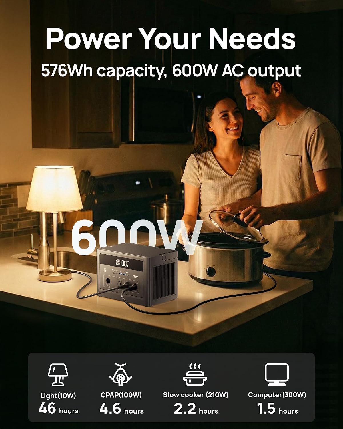 2026 Portable Power Station 600W, 576Wh LiFePO4 Battery Portable Charger, Solar Power Bank with AC Outlet 110V/1200W Surge, PD 100W USB-C Fast Charging for Camping, Home, Hurricane Emergency, RVs