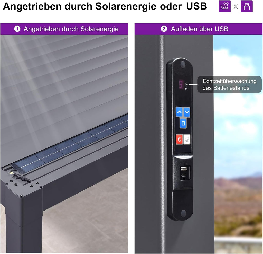 PURPLE LEAF Large Louvered Pergola 92KS 13' x 30' with Integrated Solar LED Strip Light Adjustable Aluminum Roof Weather-Resistant Pergolas for Outdoor Patio Garden Yard Gray