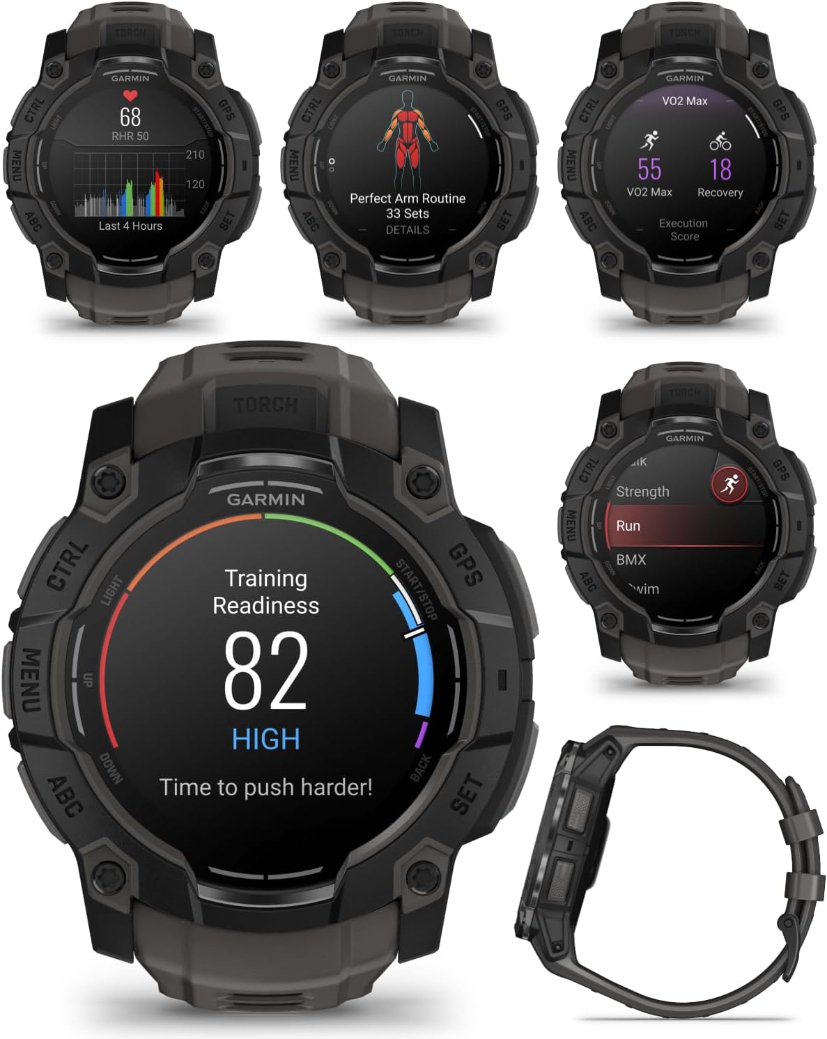 Garmin Instinct 3 50 mm, AMOLED Display, Rugged Outdoor GPS Smartwatch, Metal-Reinforced Bezel, Built-in Flashlight, Up to 18 Days of Battery Life, Black with Charcoal Band Bundle