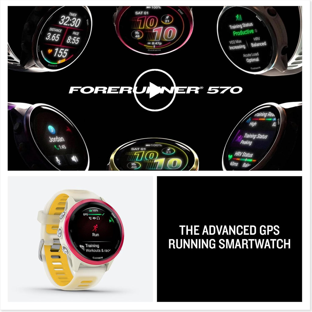 PlayBetter Garmin Forerunner 570 (42 mm, Raspberry/Translucent Bone/Mango) Running GPS Smartwatch - AMOLED Display, Training & Recovery - Bundle Portable Charger & HD Screen Protectors