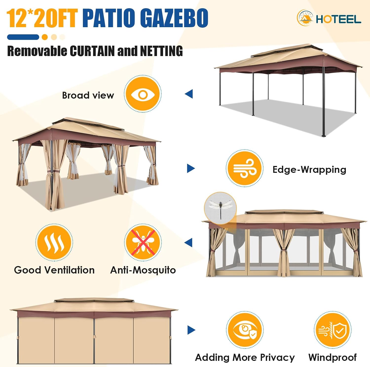 HOTEEL Gazebo 12x20, Outdoor Gazebo on Clearance with Double Ventilated Arc Roof, Privacy Curtains & Mosquito Netting, Easy Set up Canopy Tent with Stable Metal Frame for Patio, Khaki (Upgraded 3.0)