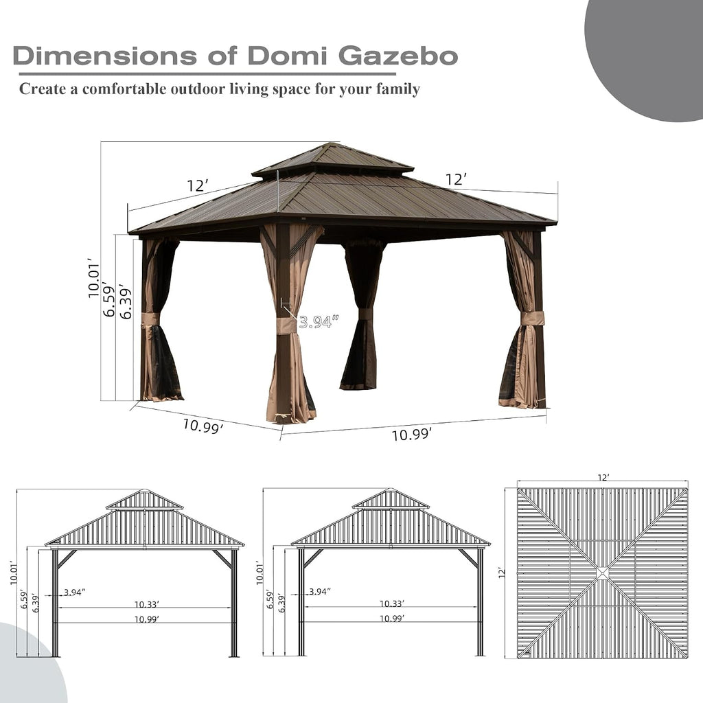 Domi 12' x 12' Hardtop Gazebo, Outdoor Metal Gazebo for Patios with Galvanized Steel Double Roof, Heavy Duty Curtains and Netting Included, Permanent Pergola for Backyard, Garden Lawn, Brown