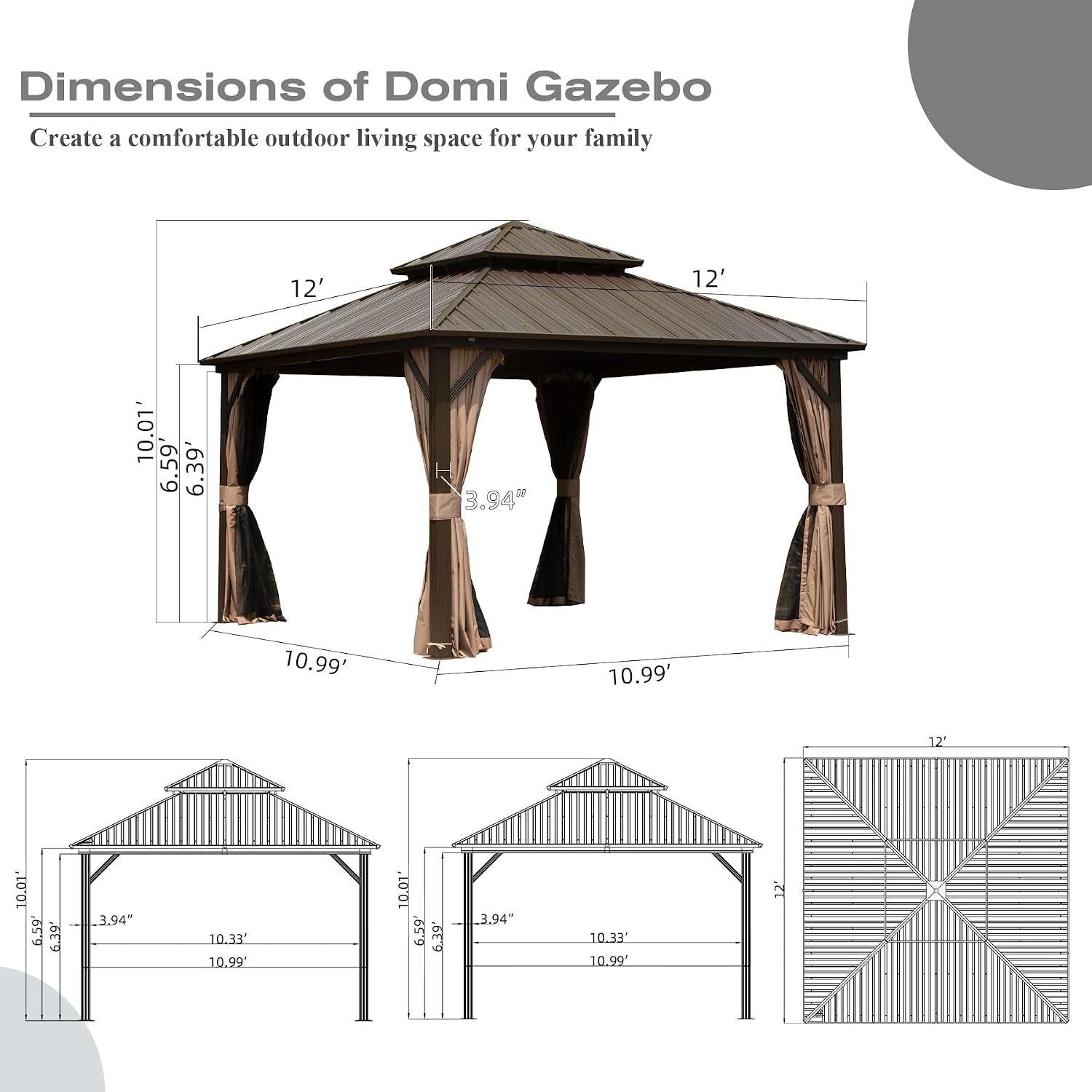 Domi 12' x 12' Hardtop Gazebo, Outdoor Metal Gazebo for Patios with Galvanized Steel Double Roof, Heavy Duty Curtains and Netting Included, Permanent Pergola for Backyard, Garden Lawn, Brown