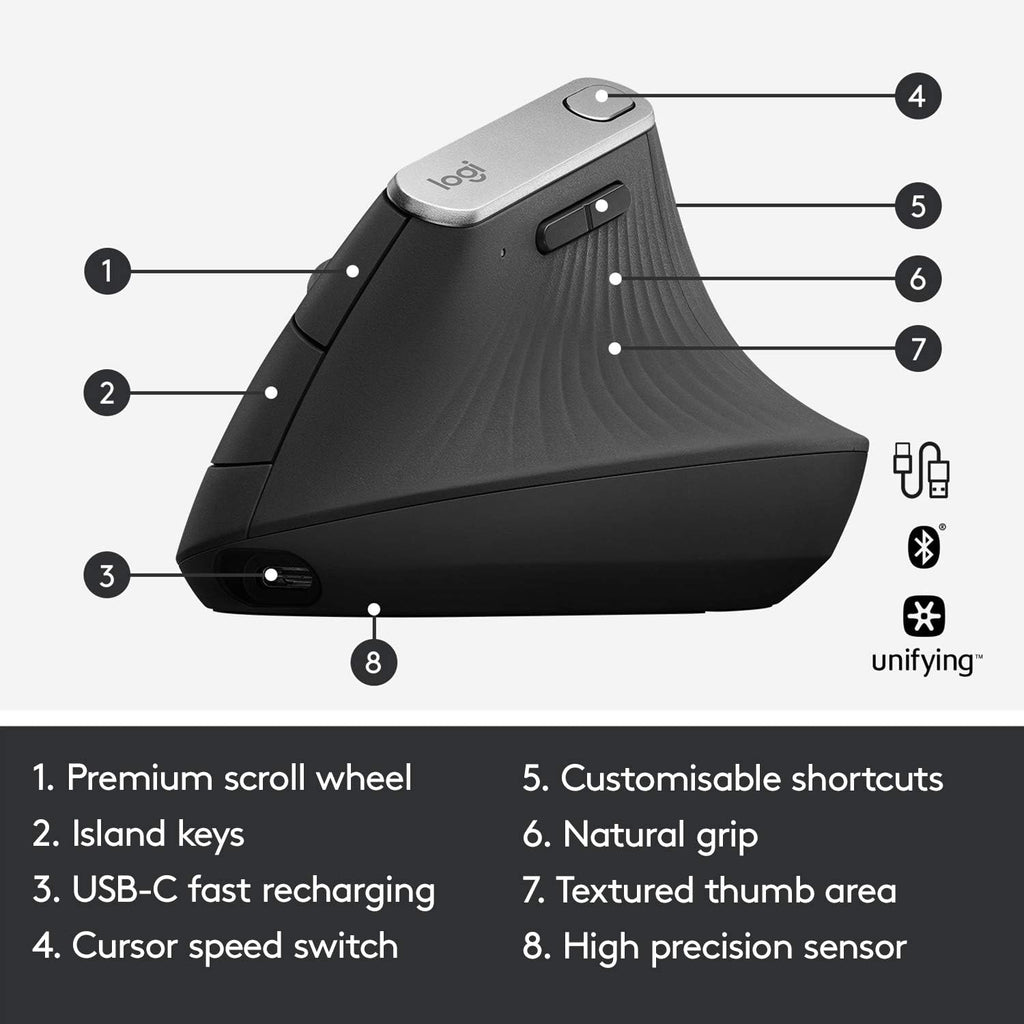 Logitech MX Vertical Wireless Mouse – Ergonomic Design Reduces Muscle Strain, Move Content Between 3 Windows and Apple Computers, Rechargeable, Graphite, Pack of 4