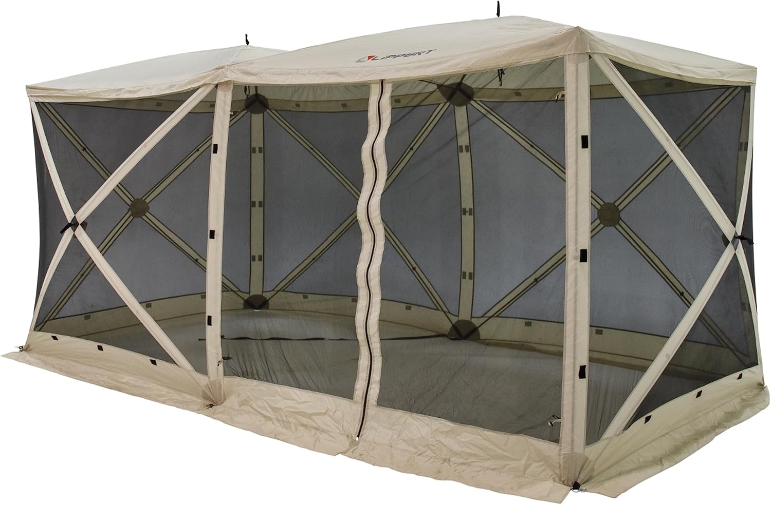 Lippert Picnic Popup Double Gazebo Tent for Camping, Patios and Easy Outdoor Shelter, 16' x 8' Breathable Mesh Screen Walls, 8-12 People, 128 Sq. Ft. Integrated Lantern Holders - 2022114836