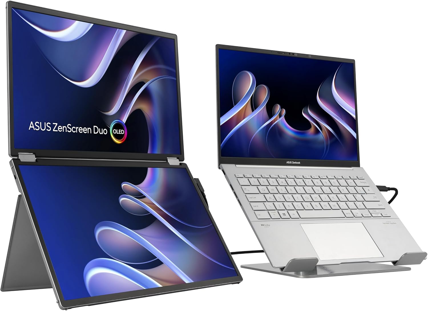 ASUS ZenScreen Duo OLED 360° Foldable Portable Monitor (MQ149CD) - Dual 14-inch, 16:10, 1920x1200, DisplayHDR400 True Black, 100% DCI-P3, Delta<2, Dual USB-C, Mini-HDMI, Kickstand, 3 yr Warranty