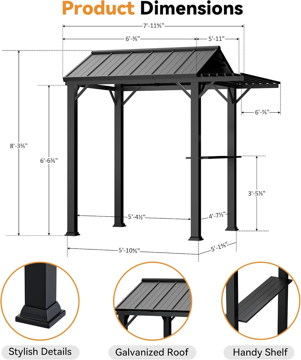 Big Leaf 6'x8' Grill Gazebo Hardtop with Galvanized Steel Roof, BBQ Gazebo with Pergola Extension, Outdoor Canopy with Rust-Resistant Metal Frame for All-Season BBQ & Patio Use
