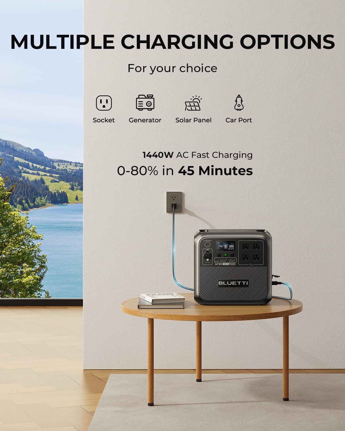 BLUETTI AC180 Portable Power Station, 1152Wh Solar Generator w/ 4 1800W (2700W Peak) AC Outlets, 0-80% in 45 Min, LiFePO4 Battery Backup for Camping (Acid to DC7909 Cable Included)