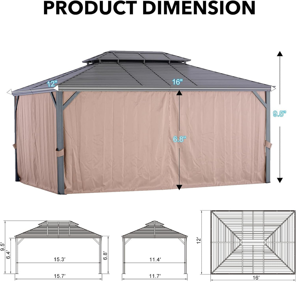 LeDoasis Nova 12' X 16' Permanent Hardtop Gazebo, Aluminum Metal Canopy with Galvanized Steel Double Roof, for Patio Lawn and Garden, Breathable Netting & Privacy Curtain Included