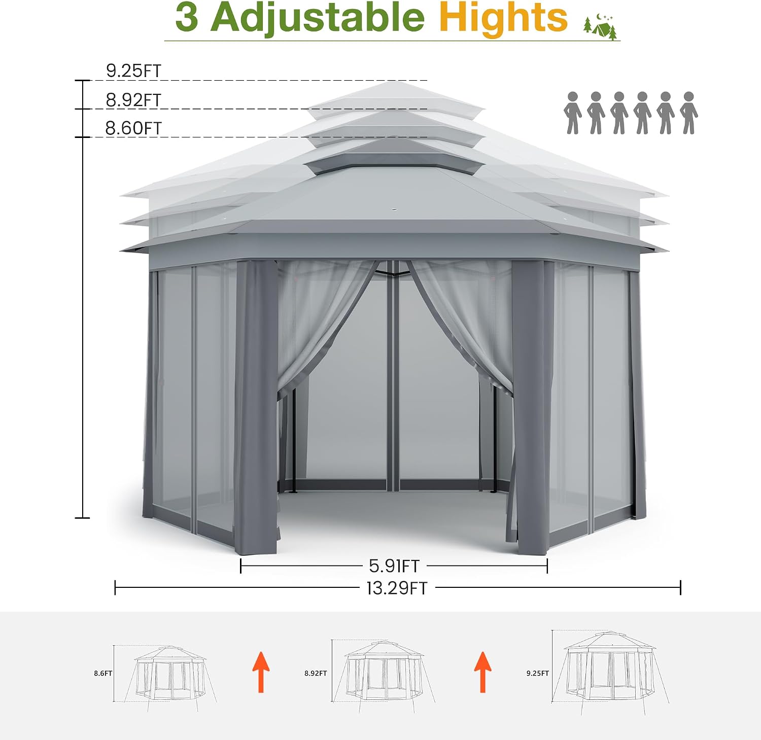 13x13ft Canopy Tent Instant Hexagonal One Push Setup Tent Outdoor Gazebo with Mosquito Netting, Strong Steel Frame for Patio, Backyard, Garden, Parties, Pool-Gray