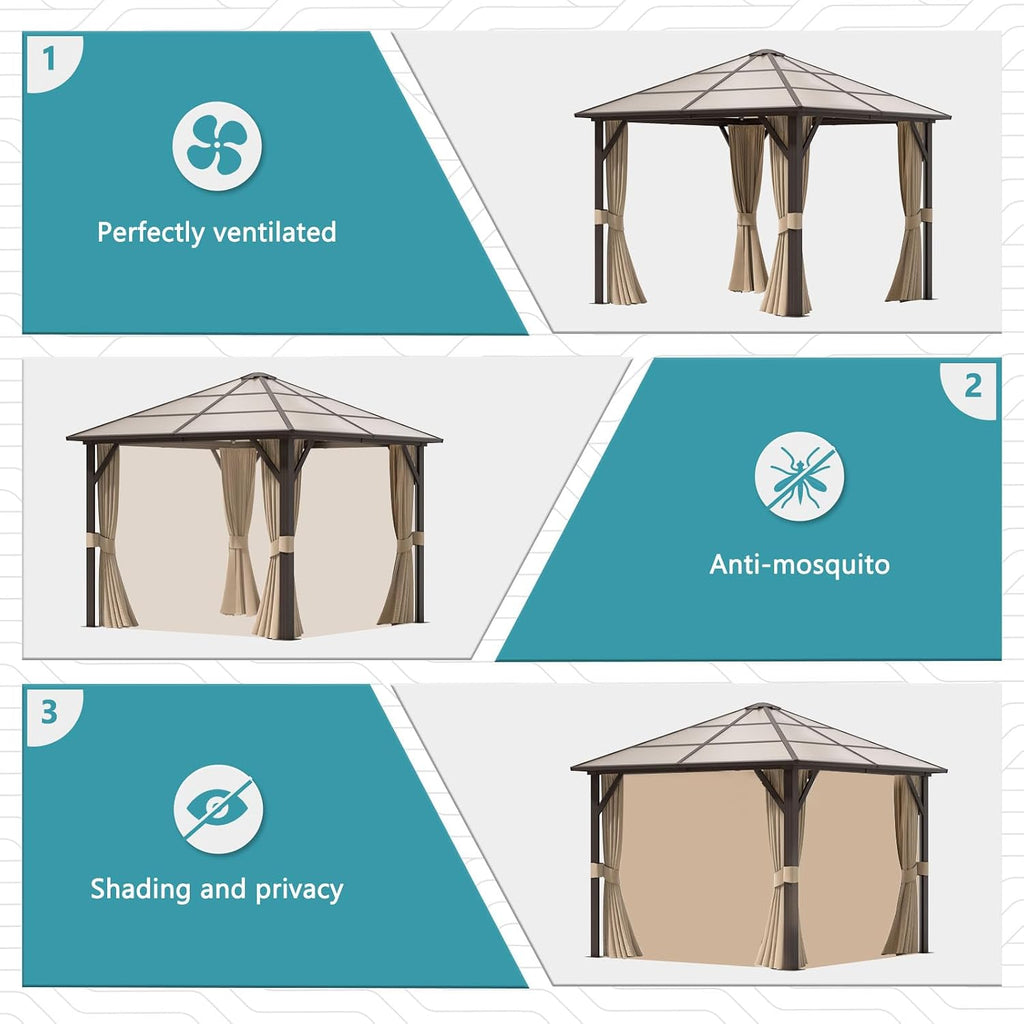 Aoxun 10'x10' Gazebo Single Polycarbonate Top, Outdoor Polycarbonate Frame Permanent Gazebo with Curtains and Netting, for Patios, Parties, Backyards, Gardens