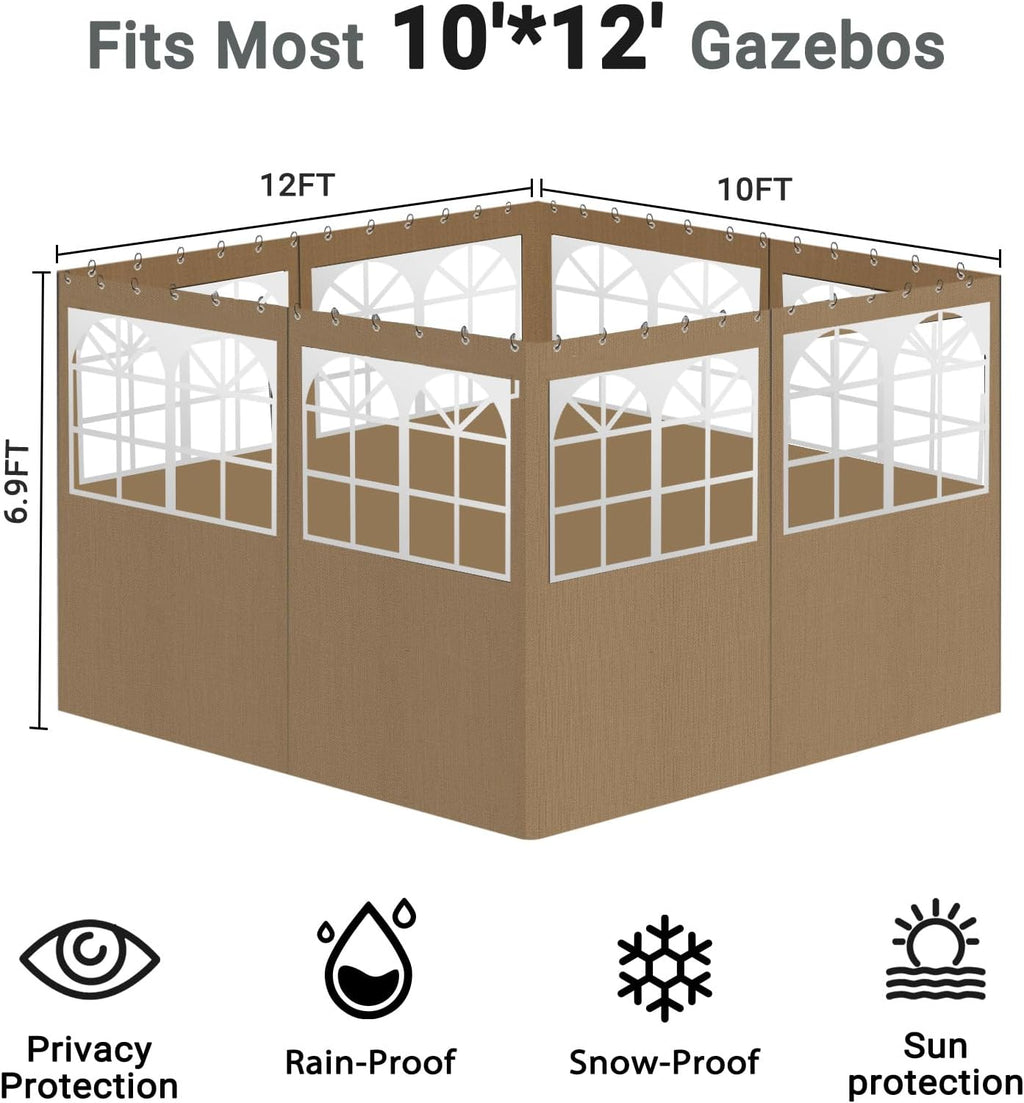 10'x12' Gazebo Curtains Outdoor Waterproof with PVC Windows, 4-Panel Sidewalls Universal Replacement Privacy Curtain, Outdoor Curtains for Patio, Backyard (Khaki)