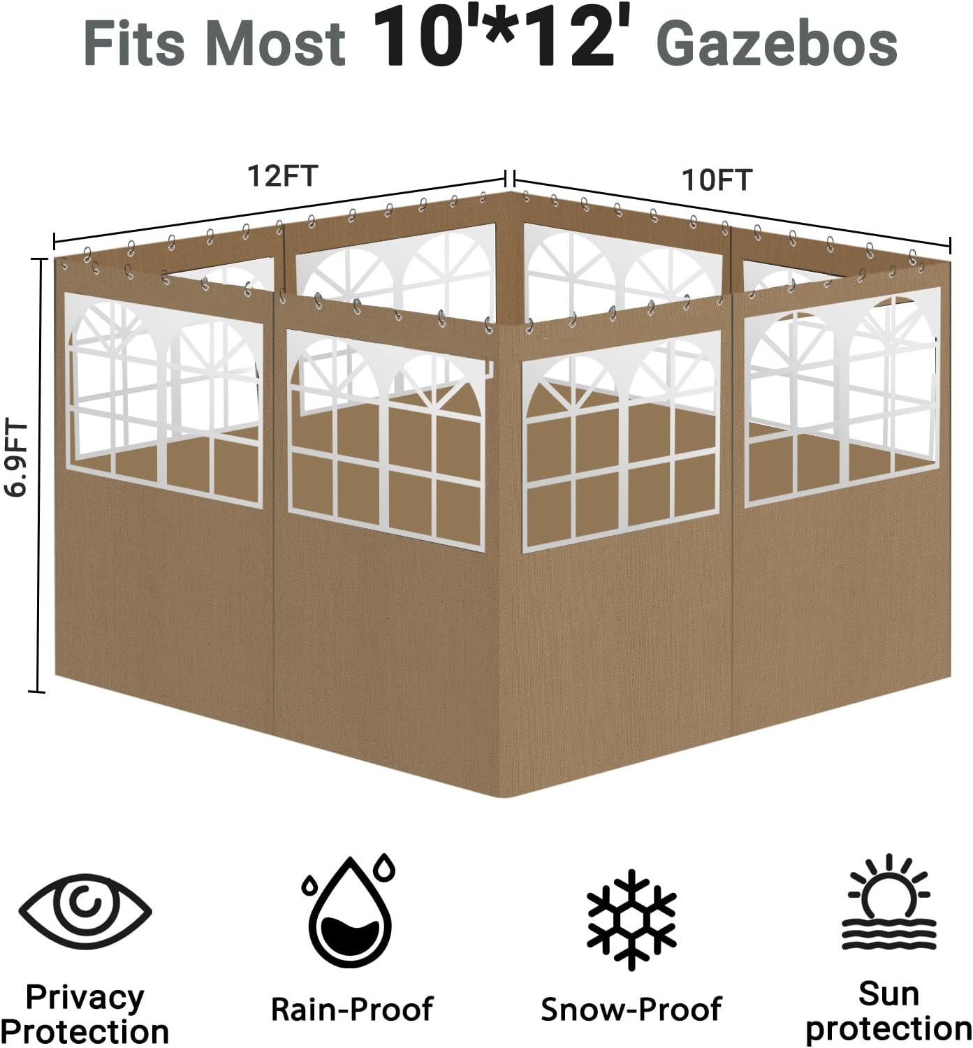 10'x12' Gazebo Curtains Outdoor Waterproof with PVC Windows, 4-Panel Sidewalls Universal Replacement Privacy Curtain, Outdoor Curtains for Patio, Backyard (Khaki)