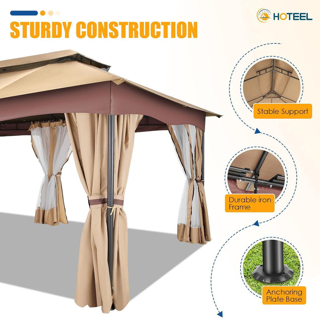 HOTEEL Gazebo 12x20, Outdoor Gazebo on Clearance with Double Ventilated Arc Roof, Privacy Curtains & Mosquito Netting, Easy Set up Canopy Tent with Stable Metal Frame for Patio, Khaki (Upgraded 3.0)
