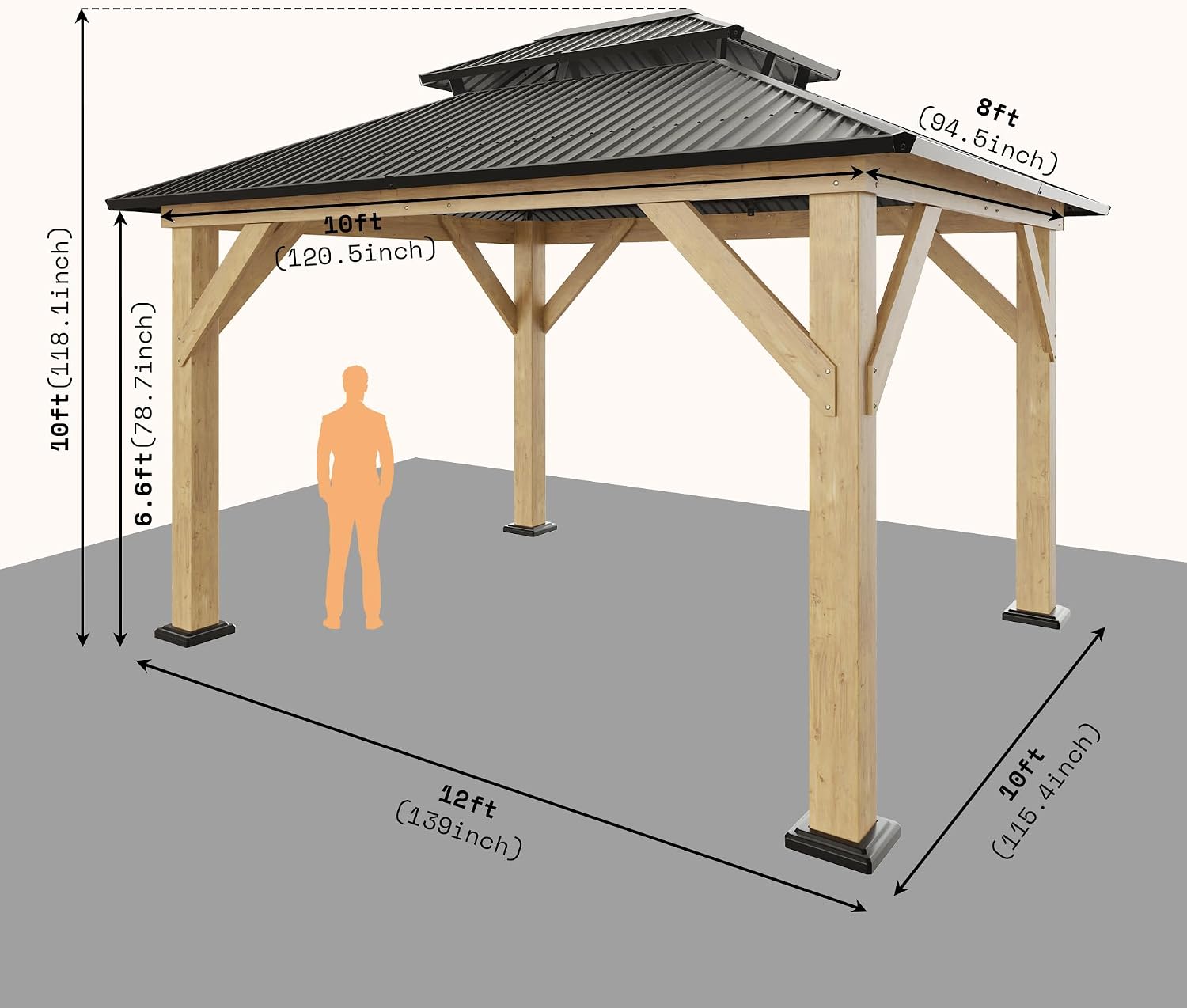LUXOAK 10x12 FT Wood Gazebo, Outdoor Hardtop Gazebo with Aluminum Double Roof, Outdoor Wooden Pavilion for Parties, Backyard, Patio, Lawns, Black + Natural Wood
