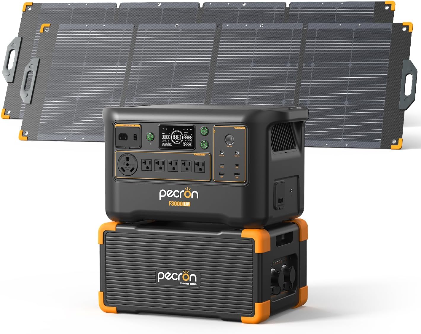 PECRON Portable Power Station F3000LFP with 3840Wh Extra Battery, 200W Solar Panel*2, 3072Wh Solar Camping Generator, 3600W Solar Generator for RV, Home Use, CPAP