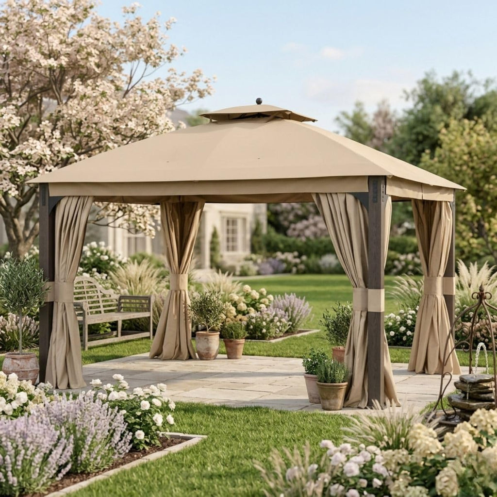 Garden Winds Durable 350 Replacement Privacy Curtain Set Compatible with Shadow Creek 10' x 12' Gazebo Model L-GZ1140PST – Beige