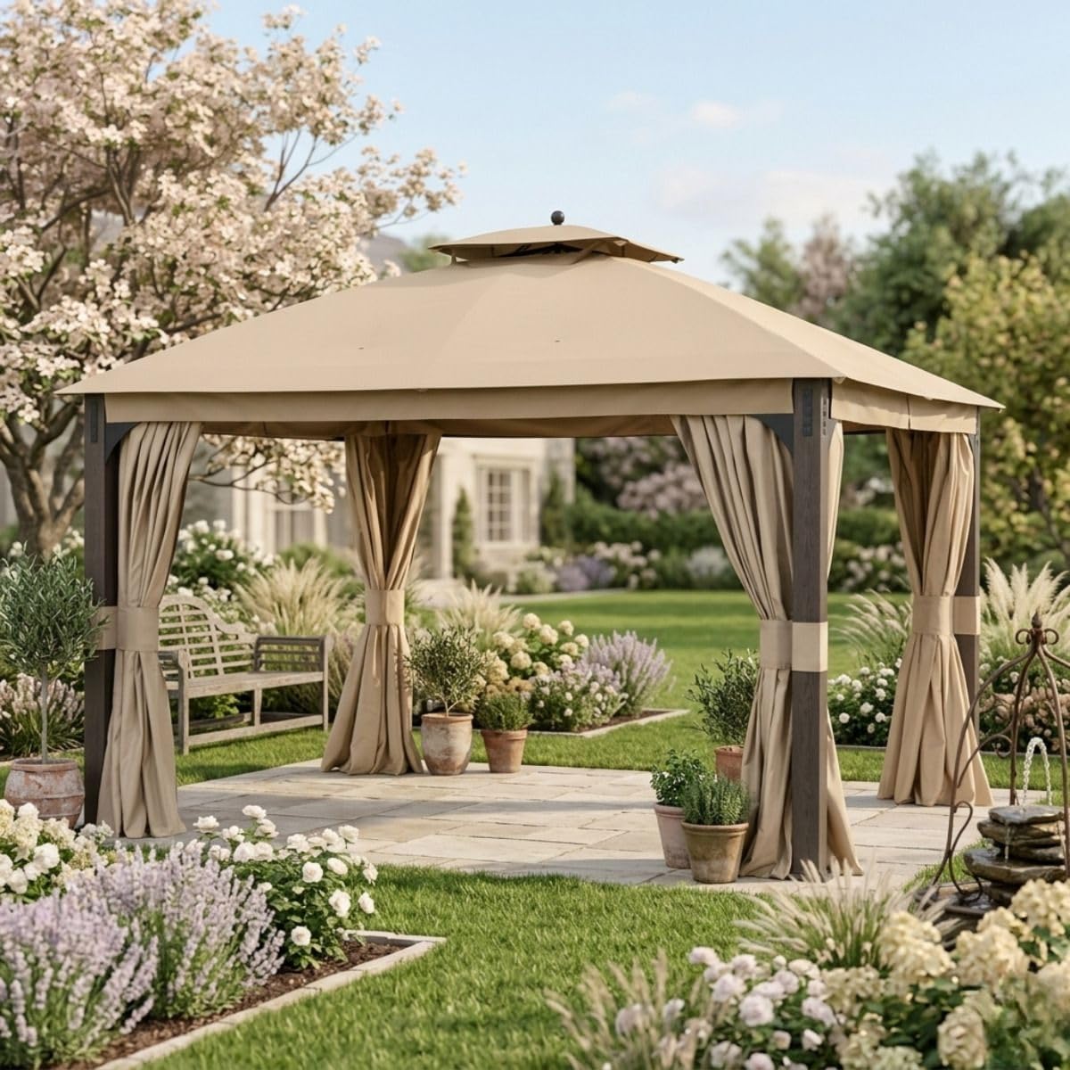 Garden Winds Durable 350 Replacement Privacy Curtain Set Compatible with Shadow Creek 10' x 12' Gazebo Model L-GZ1140PST – Beige