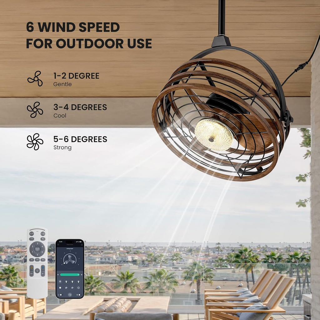 Outdoor Ceiling Fan with Lights, 23'' Waterproof Gazebo Fan with Remote Control Smart App, Plug in Caged Ceiling Fan for Patios, Pergola Porch