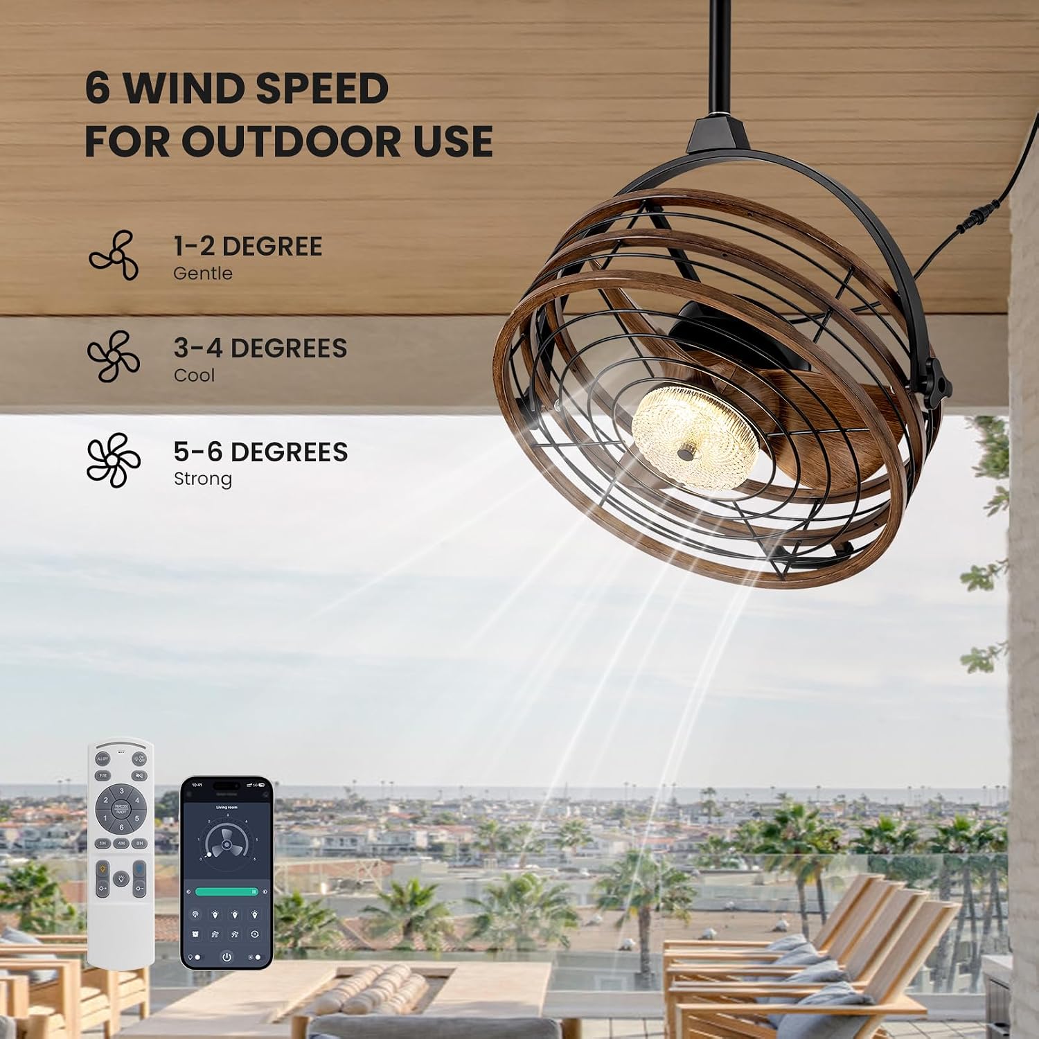Outdoor Ceiling Fan with Lights, 23'' Waterproof Gazebo Fan with Remote Control Smart App, Plug in Caged Ceiling Fan for Patios, Pergola Porch