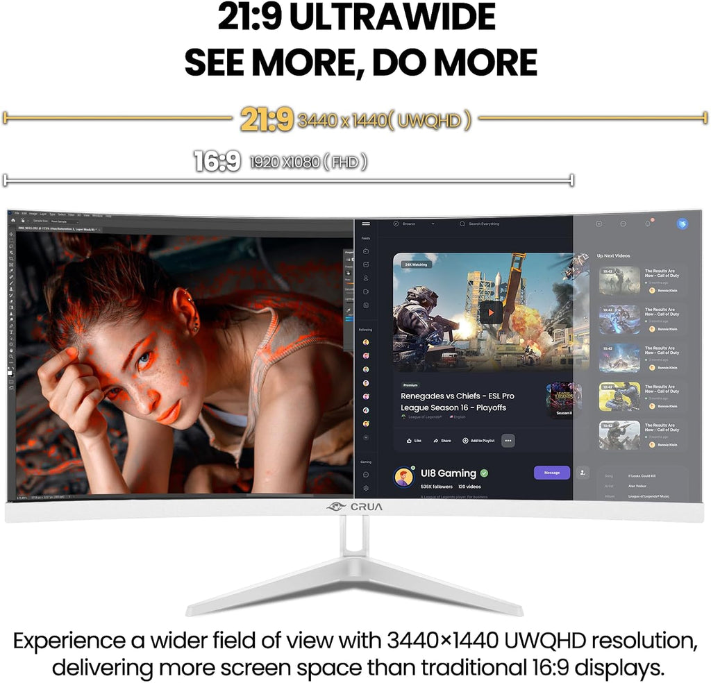 CRUA 34 Inch Ultrawide Curved Monitor, 21:9 UWQHD 3440x1440 100Hz 3800R IPS White Computer Monitors, FreeSync, Built-in Speakers, 120% sRGB, Blue Light Filter, HDMI 2.0 & DP 1.4, Wall Mountable