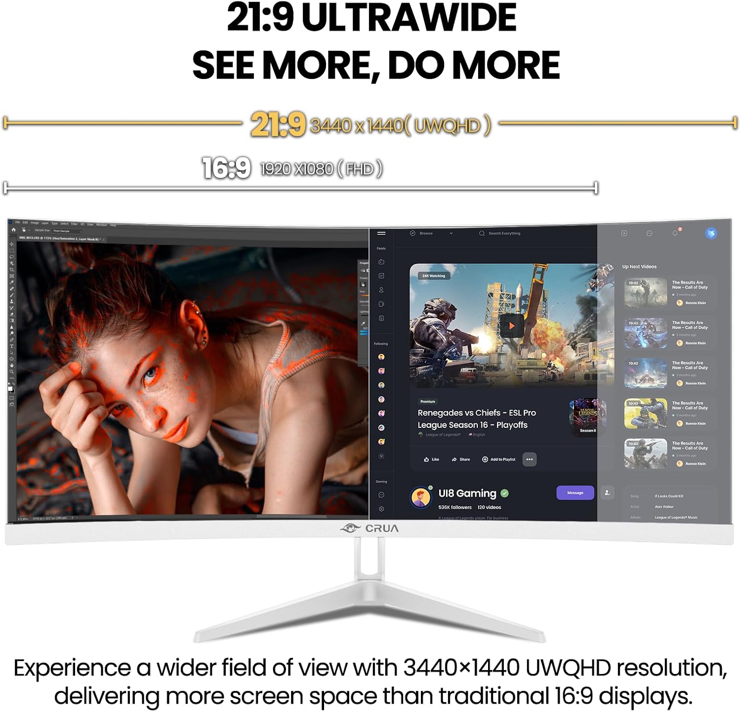 CRUA 34 Inch Ultrawide Curved Monitor, 21:9 UWQHD 3440x1440 100Hz 3800R IPS White Computer Monitors, FreeSync, Built-in Speakers, 120% sRGB, Blue Light Filter, HDMI 2.0 & DP 1.4, Wall Mountable