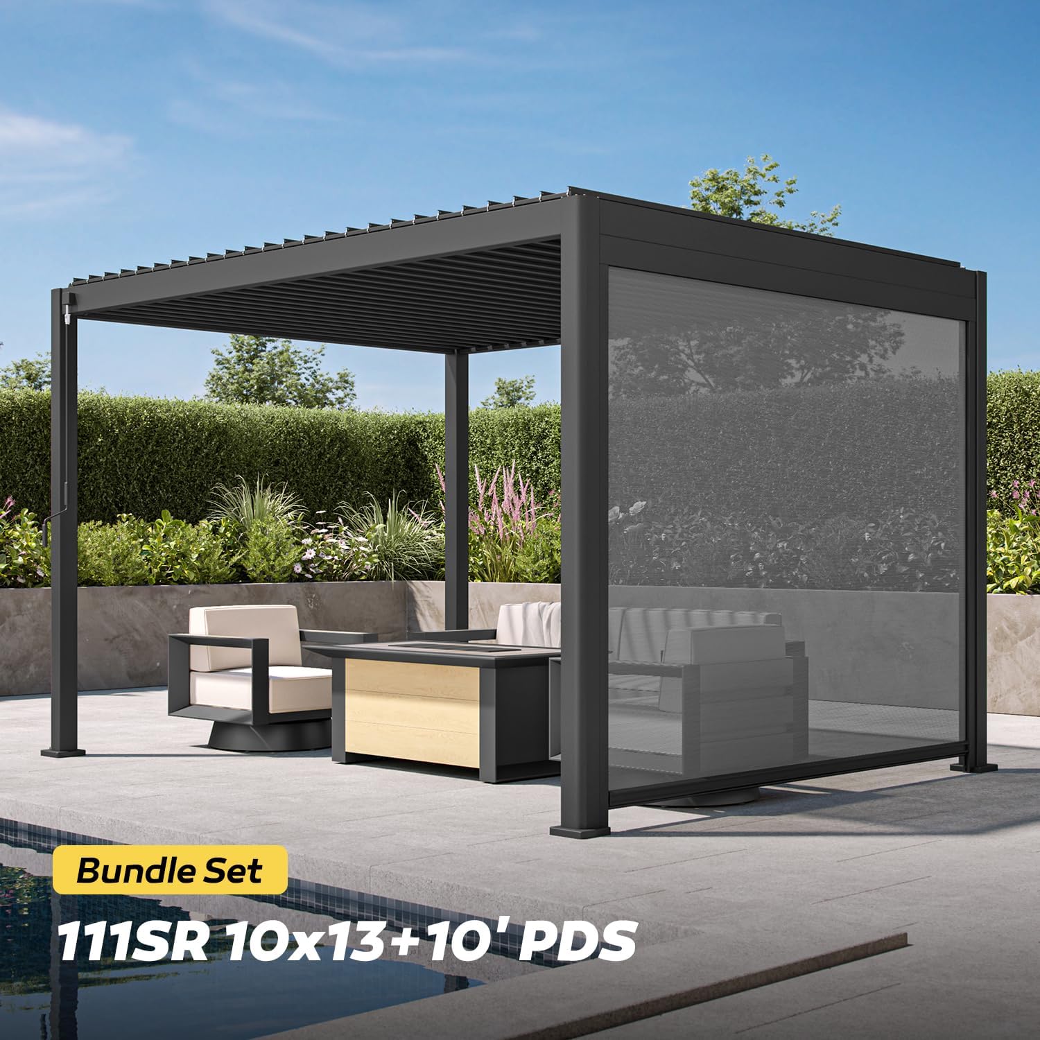 MIRADOR 111S Round 10'x13' Louvered Pergola with 10FT Shade Screen for Outdoor Deck Lawn Garden Backyard Patio Porch，Charcoal