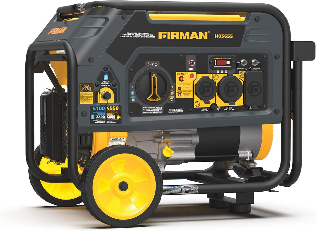 FIRMAN H03655 Dual Fuel Portable Generator, 4550W Gas 3650W Running, 4100W Propane, Recoil Start, 120V, CO Alert, Low Oil Shut Off, RV Ready, Home Backup, Camping, Outdoor Power