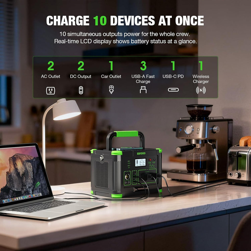 Portable Power Station 1000W, 999Wh Solar Powered Generator with 110V AC Outlet, PD 60W Fast Charging Backup Lithium Battery Pack Power Supply for Outdoor Home Camping Travel Emergency RV Van