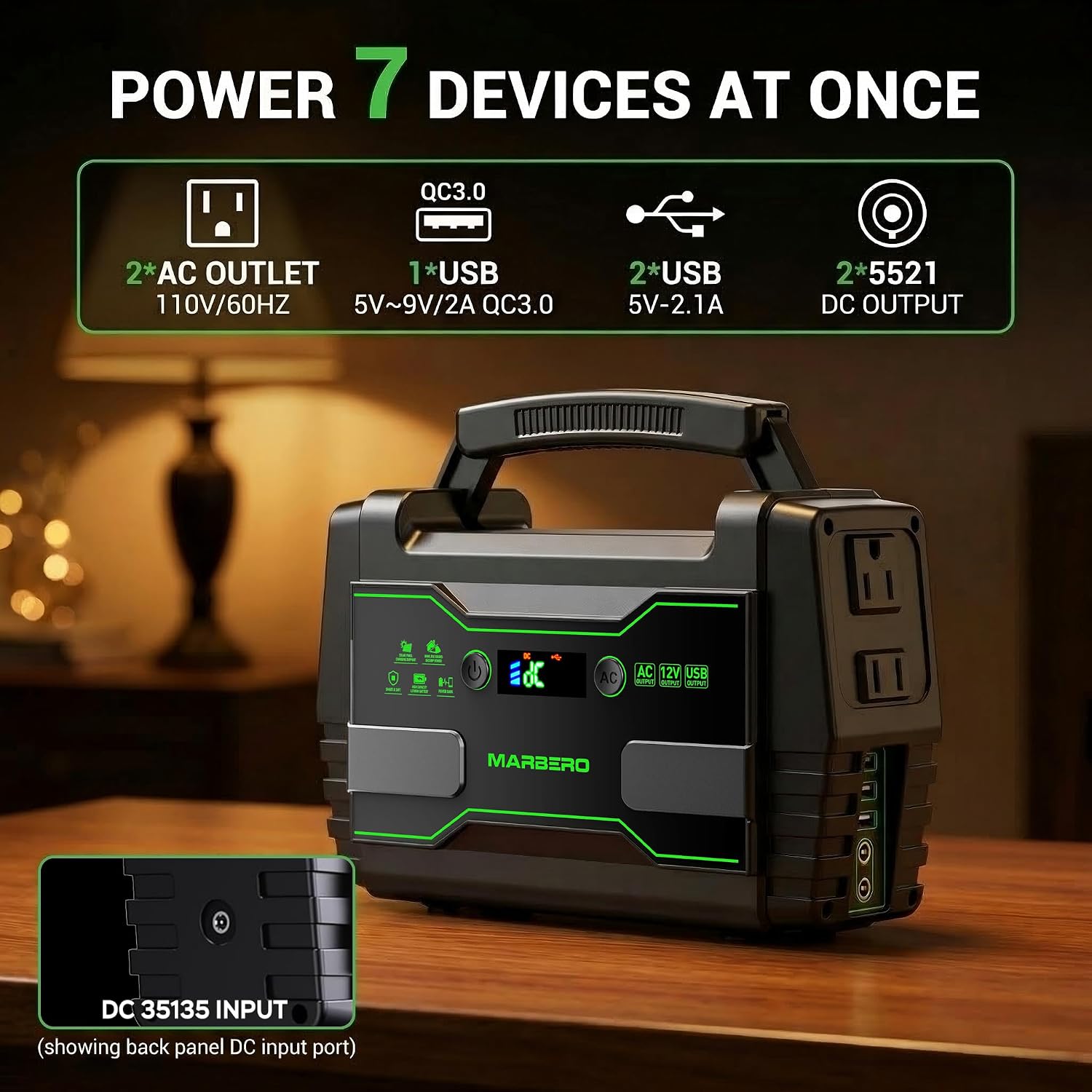 MARBERO Solar Generator 155Wh with 30W Solar Panel Portable Power Station with 2x 100W AC Outlets(Peak 150W), QC3.0 USB UL Certified for Home Blackout, Camping, RV Travel, Ultra-Light & Silent Fan