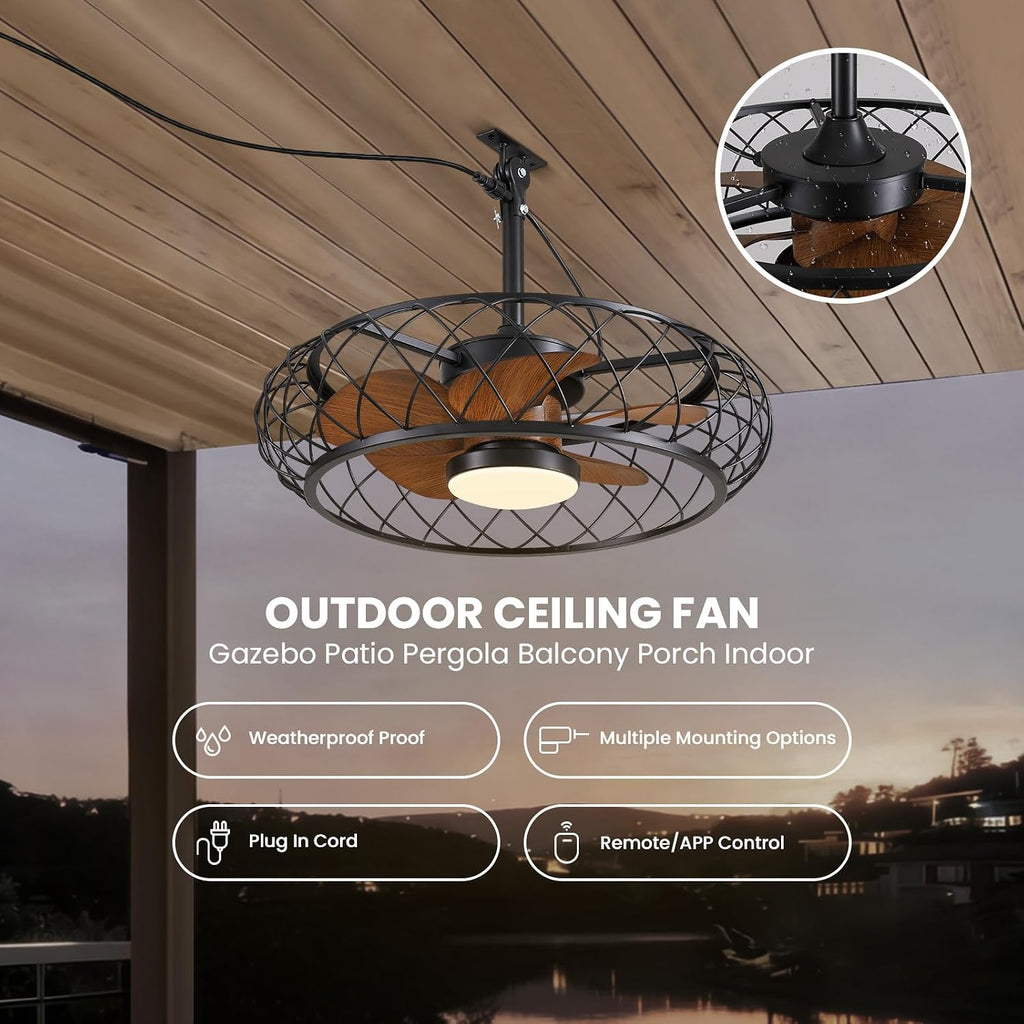 24' Outdoor Ceiling Fan with Lights Hanging Plug in Caged Outdoor Fan Remote APP Control 3CCT Dimmable, Quiet Reversible DC Motor Waterproof for Patio Pergola Porch Canopy Walnut