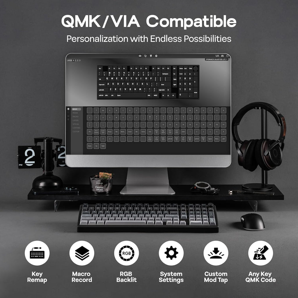 EPOMAKER Galaxy100 Lite QMK/VIA Gaming Keyboard with 8000mAh Battery and Numpad, 1800 Aluminum Mechanical Keyboard, USB-C/BT/2.4Ghz, Hot-Swap, Creamy Sound (Black, Wisteria Linear Switch)