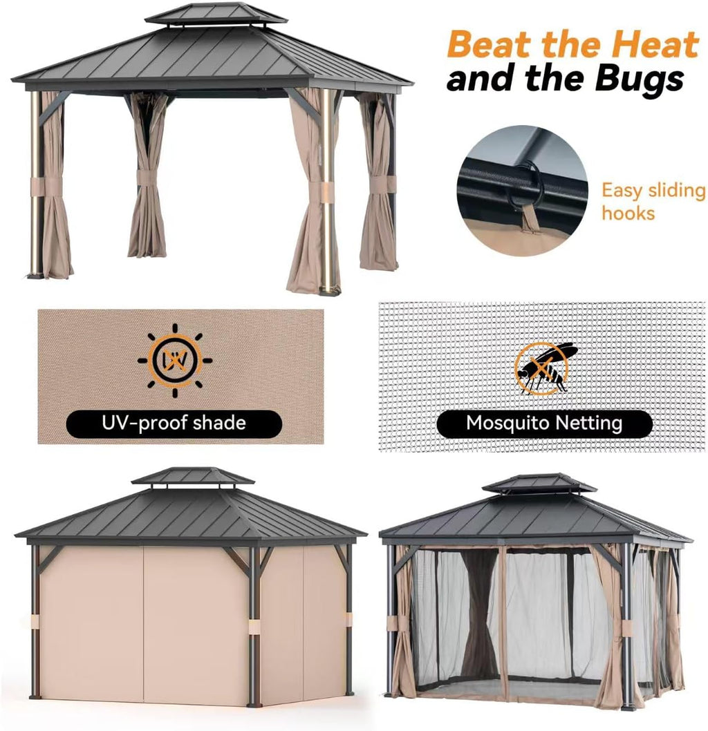 Modern Shade Hardtop Gazebo 10' x 12' with 4 LED Lights, Outdoor Gazebo with Galvanized Steel Double Roof，Four Seasons Pavilion with USB Charging Port Deck, Netting and Curtains for Patios
