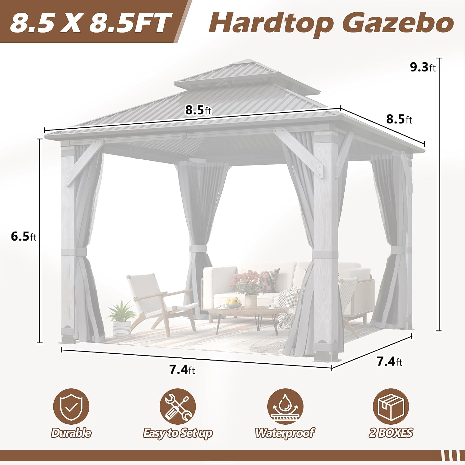 8.5 x 8.5FT Wood Gazebo,Outdoor Wooden Hardtop Gazebo with Galvanized Steel Doule Roof,Cedar Wood Frame Gazebos with Netting &Curtains for Backyard Deck