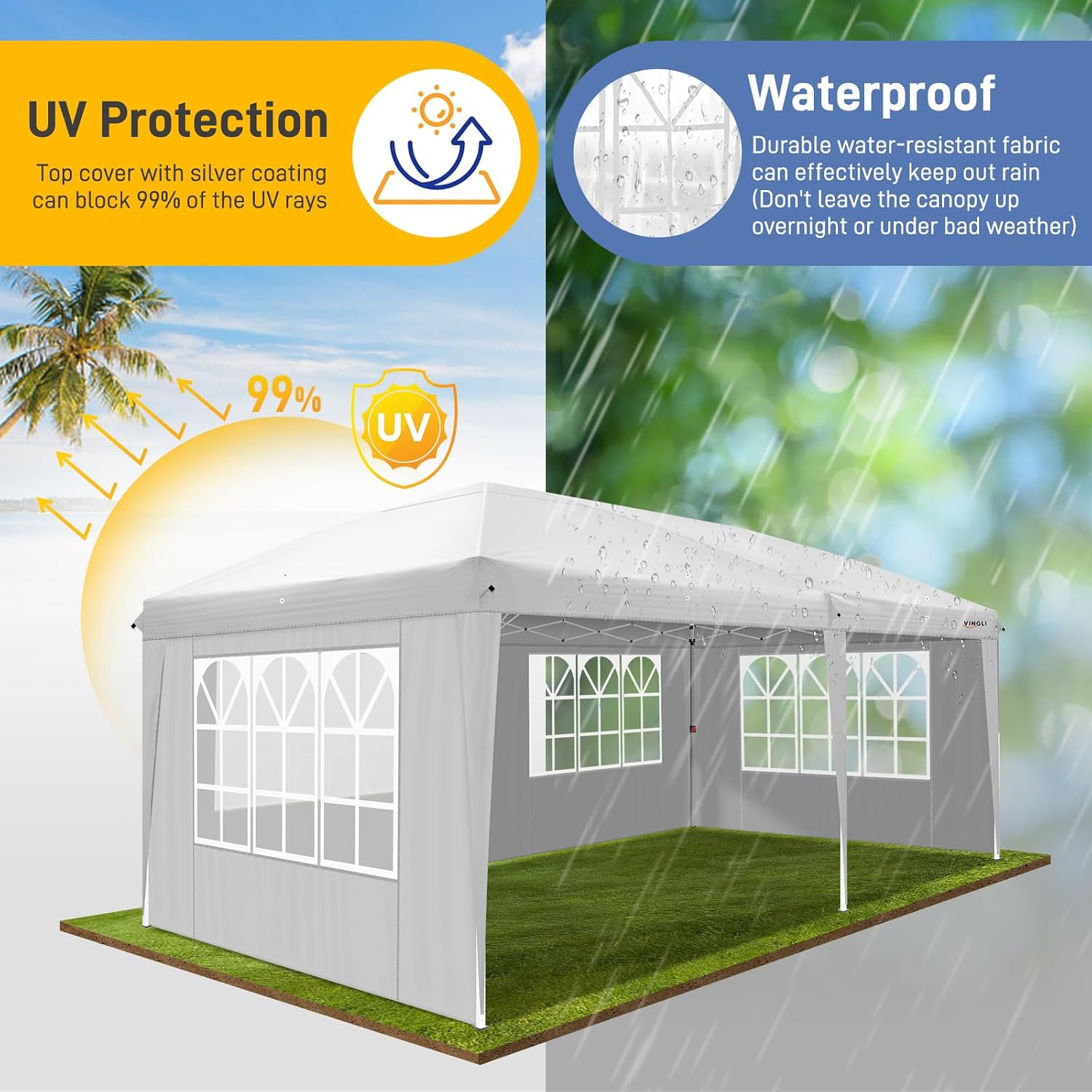 VINGLI 10x20 ft Pop Up Canopy Tent with 6 Sidewalls with Carry Bag, Outdoor Gazebo Shelter, Patio Event Tent Outdoor Canopy Commercial Canopy(White)