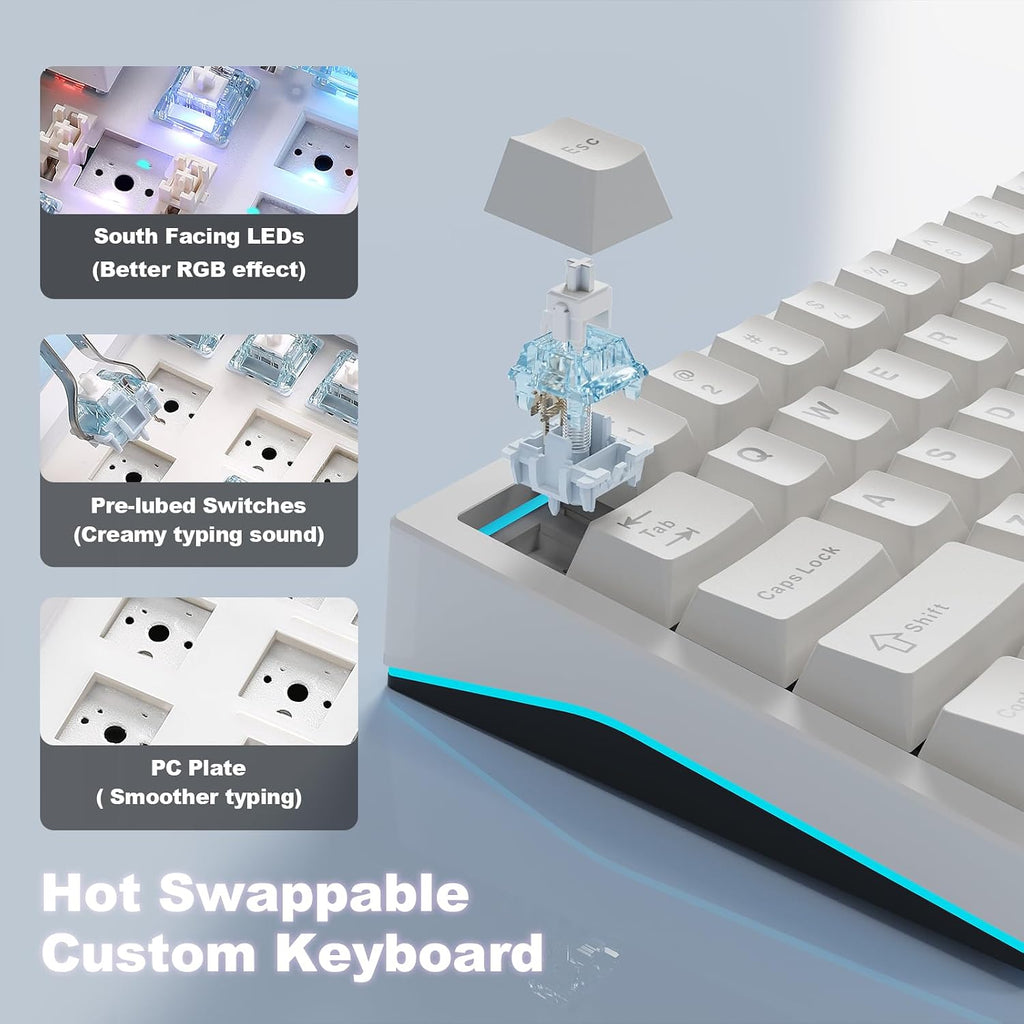 YUNZII AL65 Wireless Mechanical Keyboard, Full Aluminum CNC,Support QMK/VIA Software Gasket Structure,60% Hot Swappable with RGB Backlit BT/2.4G/USB-C for Mac/Windows(White, Gateron Zero)