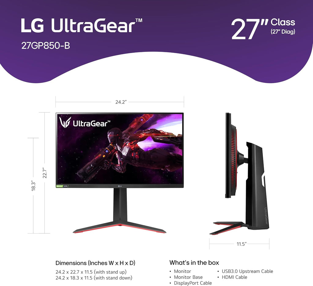 LG 27GP850-B Ultragear Gaming Monitor 27-Inch QHD (2560 x 1440) Nano IPS Display 1ms Response Time 165Hz Refresh Rate NVIDIA G-SYNC Compatible AMD FreeSync Premium Tilt/Height/Pivot Adjustable Stand