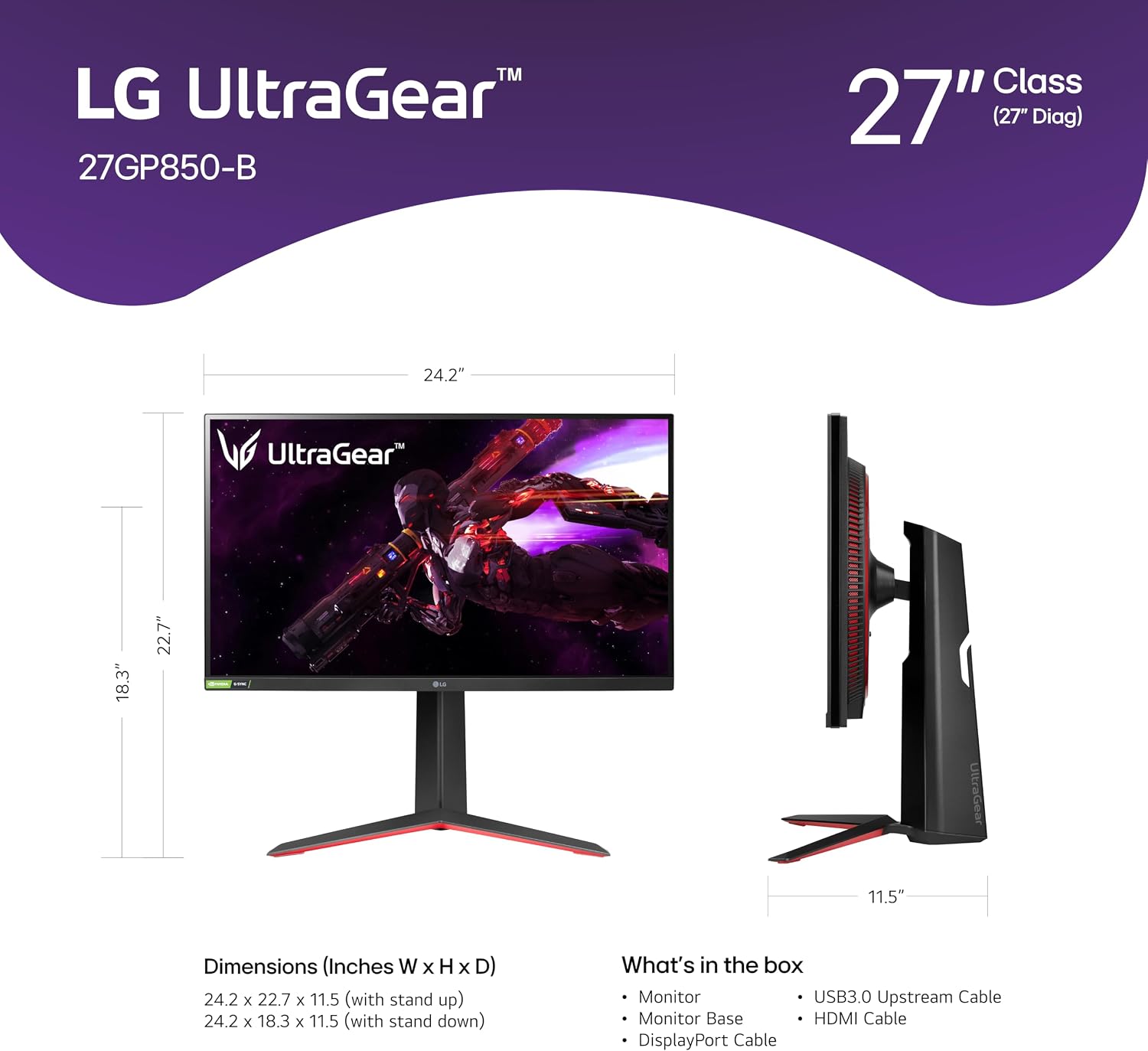 LG 27GP850-B Ultragear Gaming Monitor 27-Inch QHD (2560 x 1440) Nano IPS Display 1ms Response Time 165Hz Refresh Rate NVIDIA G-SYNC Compatible AMD FreeSync Premium Tilt/Height/Pivot Adjustable Stand