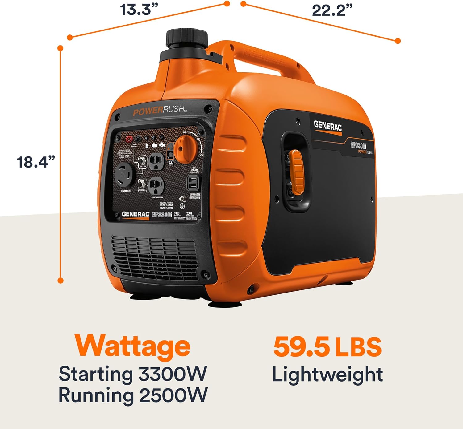 Generac 3,300-Watt Gas Powered Portable Inverter Generator - Lightweight and Compact - USB Ports for Device Charging - Produces Clean, Stable Power - Great for Home Backup, Camping, and RV Use