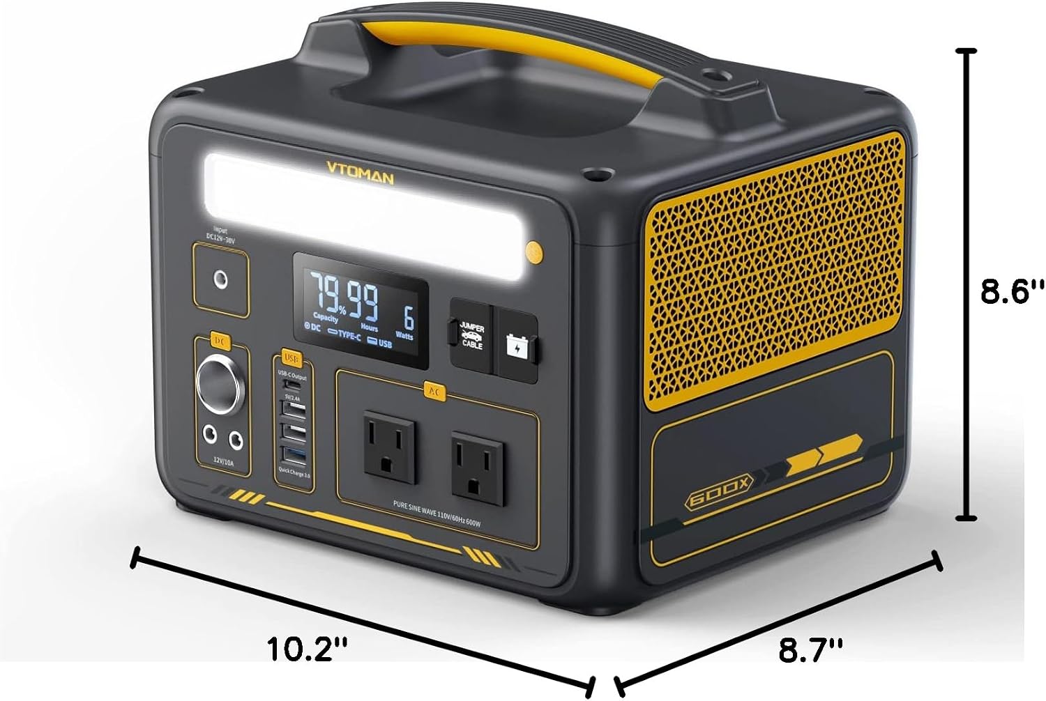 VTOMAN Jump 600X Portable Power Station 600W, 299Wh Solar Generator LiFePO4 Battery Power Station with Jump Start for Car, 1200W AC Outlet, PD 60W USB-C, 3x Regulated 12V/10A DC for Camping, RV Travel